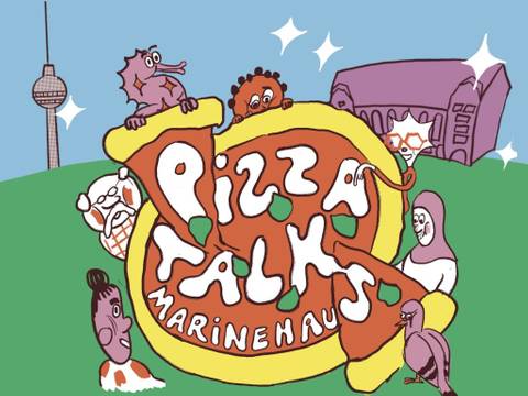 Offene Sprechstunde mit Pizza – Ein Comic, auf dem eine Pizza zu sehen ist mit dem Titel der Veranstaltung und Comicfiguren, die um die Pizza herumstehen und Stücke abziehen