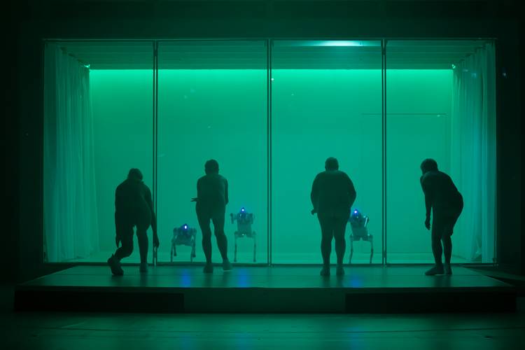 Vier Personen vor Glasscheibe, dahinter drei Roboterhunde mit blau leuchtenden Augen in grün beleuchtetem Raum.