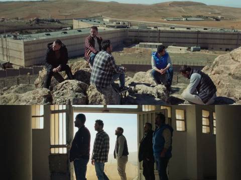  – Fünf Personen auf Felsen vor großem Gebäude. Unten stehen die Personen in einem Raum vor Fenstern. Landschaft im Hintergrund.