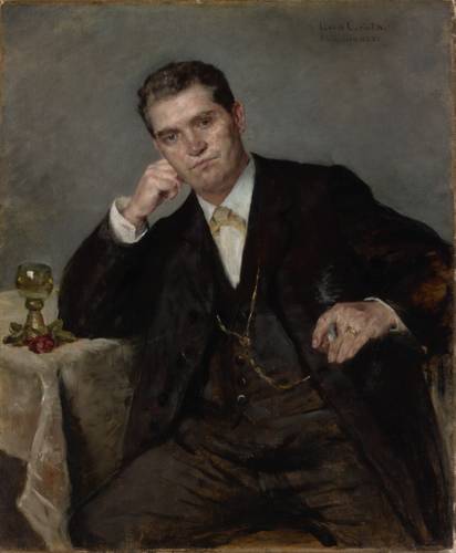 Lovis Corinth, Franz Heinrich Corinth, der Vater des Künstlers (Franz Heinrich Corinth, the Artist’s Father), 1883 – Gemälde: Porträt von Lovis Corinths Vater, der im Anzug neben einem Tisch sitzt und den Kopf leicht seitlich geneigt auf dem rechten Arm abstützt.