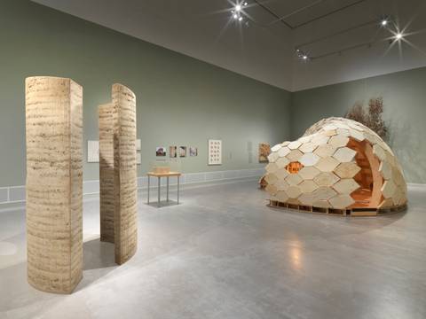 Ausstellungsansicht „Closer to Nature. Bauen mit Pilz, Baum, Lehm“, Berlinische Galerie – Ausstellungsansicht: Blick auf eine Lehminstallation und eine Konstruktion aus Holz-Pilzmodulen. An den matt-grünen Wänden hängen weitere Arbeiten und Dokumentationen der beteiligten Projekte.