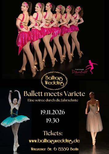 Ballett meets Varieté – Acht Personen in rosa Glitzertanzkleidung, daneben zwei Balletttänzer*innen. Text: Ballhaus Wedding. Ballett meets Variete. 19.11.2026 19.30 Tickets