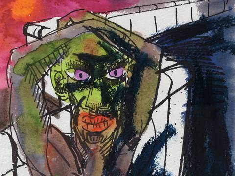 Rainer Fetting, Figur an der Mauer, 1987, Aquarell und Kreide, Blattmaß: 72 x 54 cm, – Aquarell und Kreidezeichnung: Eine männlich gelesene Person mit grün-bräunlicher Haut, lila Augen und roter Mundpartie hat beide Arme über dem Kopf verschränkt und blickt die Betrachter*innen direkt an. Der Hintergrund zeigt pinke, weiße und mitternachtsblaue Farbblächen.