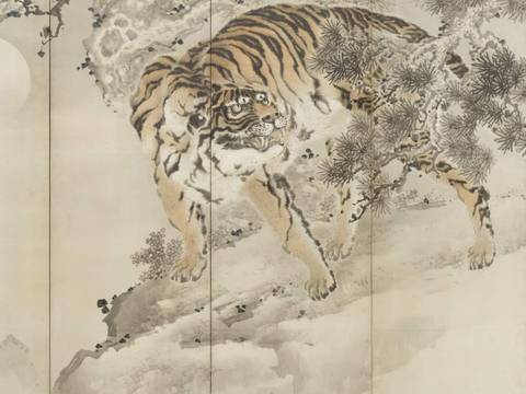 Gan Ku (1749/1756-1838), Tiger, Detail, 1822, rechter Stellschirm eines Paares zu je 6 Paneelen, Tusche und Farben auf Papier