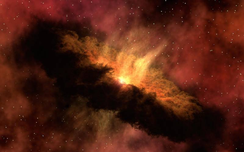 Dunkle Gas- und Staubwolke die sich um einen neu entsandenen Stern dreht.