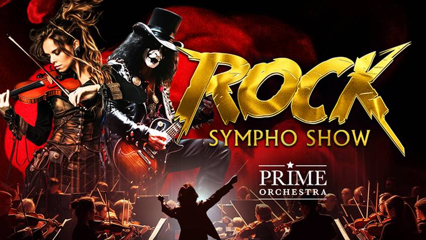 Rock Sympho Show in goldener Schrift. Geigerin links, Gitarrist in Zylinder rechts. Unten dirigiert eine Person ein Orchester. Text: Prime Orchestra.