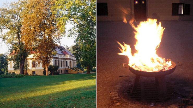 Schloss Caputh Feuer und Flamme – Außenansicht von Schloss Caputh und Feuerschale