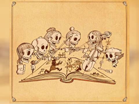 Tales not told – Sechs Skelettdarsteller*innen halten und betrachten ein aufgeschlagenes Buch mit tanzenden Skeletten. Alle wirken fröhlich und musizieren.