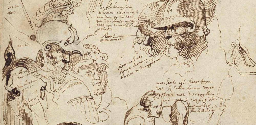 Anton van Dyck, Skizzenblatt nach einem Gemälde von Peter Paul Rubens, Detail, 1616, Feder in Braun, schwarze Kreide