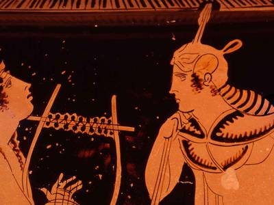 Orpheus, der mythische Sänger aus Thrakien, galt nach dem Gott Apollon in der Antike als der Musiker par excellence. Attischer Krater, Detail, um 440 v. Chr.