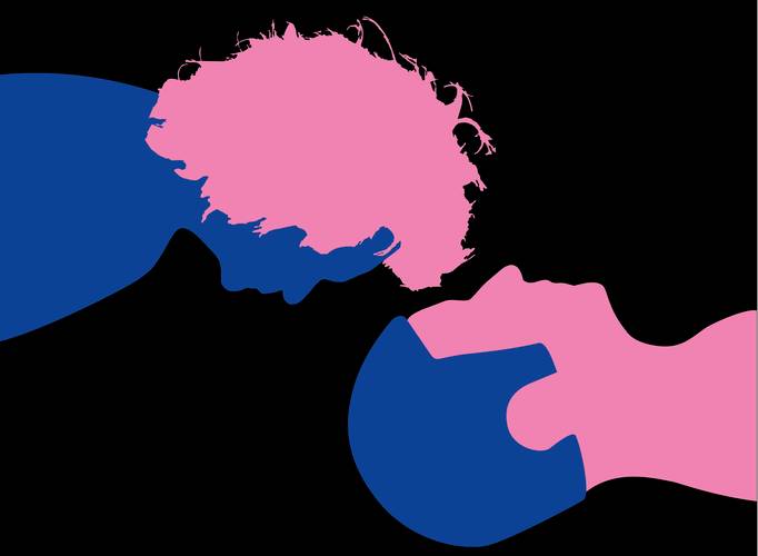 Zwei stilisierte, kopfüber dargestellte Gesichter: eine blau gestaltete Person mit lockigem rosa Haar berührt mit der Stirn die rosa gestaltete Person.