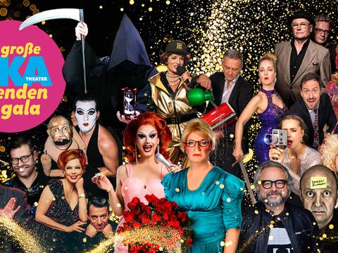  – Menschen in bunter Kleidung und Kostümen vor glitzerndem Hintergrund. Ein großer rosa Kreis mit gelber Aufschrift: "Die große BKA Theater Spenden gala".