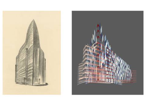 links: Hugo Häring, Wettbewerb Hochhaus Friedrichstraße, Berlin, 1922. rechts: sauerbruch hutton, Kinetik, Boulogne-Billancourt, 2012, digitale Zeichnung – links: Hugo Häring, Wettbewerb Hochhaus Friedrichstraße, Berlin, 1922. Akademie der Künste, Berlin, Hugo-Häring-Archiv © VG Bild-Kunst, Bonn 2024; rechts: sauerbruch hutton, Kinetik, Boulogne-Billancourt, 2012, digitale Zeichnung © sauerbruch hutton, Berlin