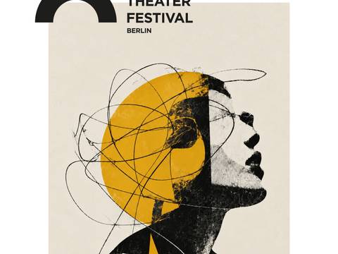 N – EURO – SE / Ν – ΕΥΡΩ – ΣΗ – Geometrisches Porträt einer Person mit gelbem Kreis. Text: Greek Theater Festival Berlin, N-EURO-SE, Lena Kitsopoulou, 21. November 2026.
