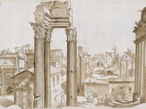 Maarten van Heemskerck, Blick auf das Forum Romanum, Detail, um 1532–1536, Vorzeichnung in schwarzer Kreide, Feder in Braun, braun und grau laviert