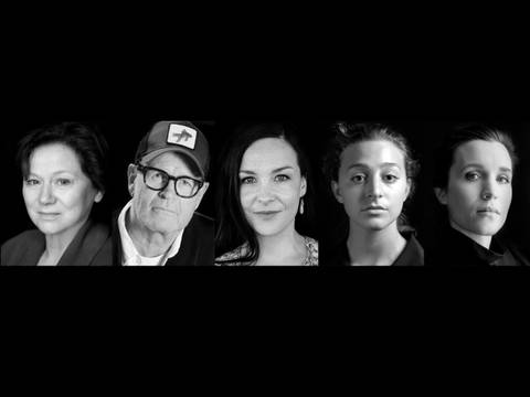  – Fünf Porträts: Eine Person mit Kurzhaarfrisur, Person mit Brille und Mütze, lächelnde Person mit Ohrring, Person mit hochgestecktem Haar, ernst blickende