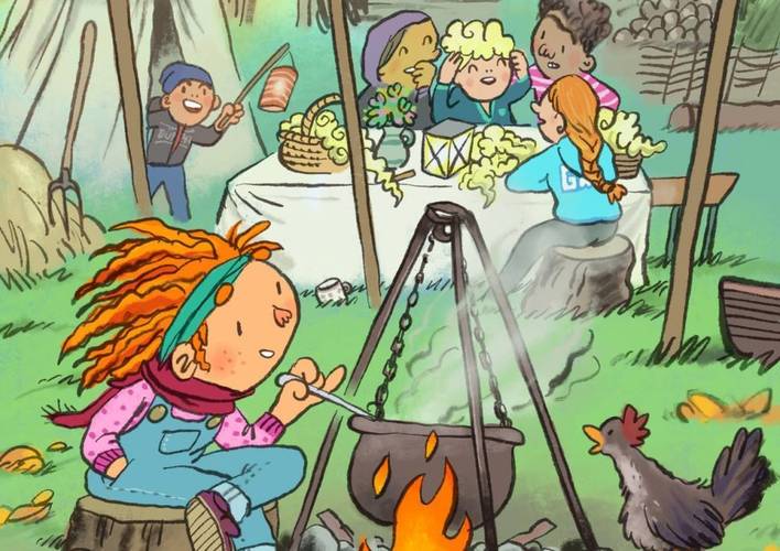 In den Herbstferien gibt es im Museumsdorf Düppel täglich tolle Angebote für die ganze Familie! – Illustration mit Kindern im Museumsdorf Düppel, die unterschiedlichen Aktivitäten nachgehen