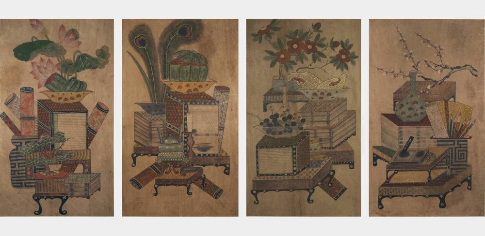Nicht identifizierter Künstler, Details eines achtteiligen Chaekgeori-Stellschirms, Korea, Joseon-Dynastie, 19. Jh., Tusche und Farben auf Papier