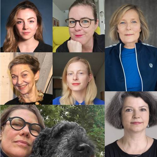 Collage von sieben weiblich gelesenen Personen in Portraets; eine mit einem Hund. Eine Person traegt eine blaue Jacke mit weissem Reissverschluss.