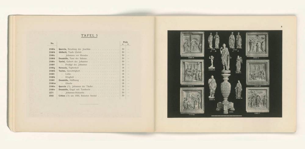 Abgüsse der Reliefs und Figuren des Taufbeckens im Verkaufsverzeichnis der Gipsformerei von 1926 – Offenes Buch mit Auflistung von Kunstwerken auf der linken Seite und neun schwarz-weißen Fotografien von Skulpturen und Reliefs auf der rechten Seite.