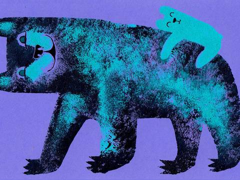 Bären, Grafikdesign von Claudia Schramke – Illustration: Blauer Bär mit hellem Bärenkind auf dem Rücken, stilisiert, vor violettem Hintergrund. Ausdruck fröhlich, kräftige Farbkontraste.