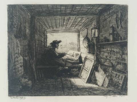 Charles-François Daubigny, Das Atelierboot / Le bateau atelier, 1862, Radierung, Leihgabe der Christoph Müller Stiftung