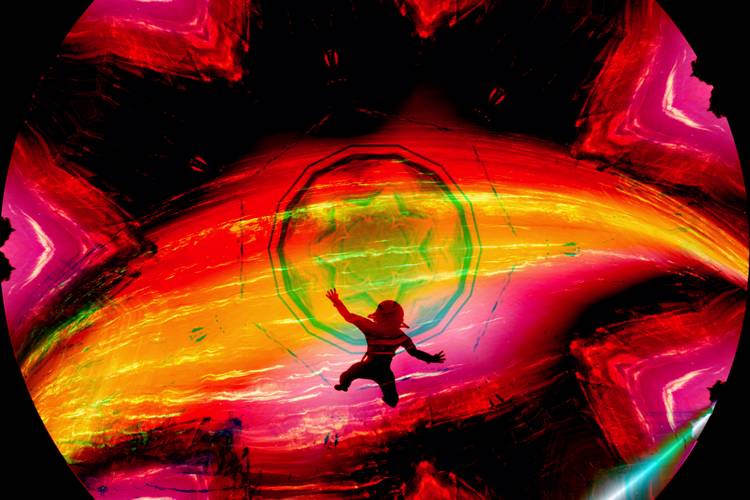 Still aus de Programm »Imagine Dragons: Dimensional Voyager« – Silhouette einer Person vor leuchtend bunter, wellenförmiger Grafik mit Drachenmotiv.