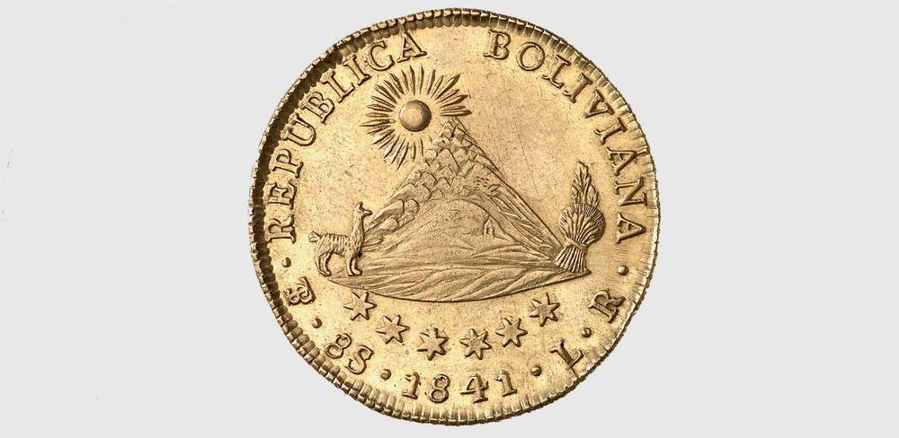 8 Escudos, Bolivien: 1841, Rückseite mit der Darstellung des Cerro Rico (Silberberg) bei Potosí – Goldmünze mit Prägung REPUBLICA BOLIVIANA, Berg mit Sonne und Lama, acht Sterne, Inschrift 8S 1841 L R.