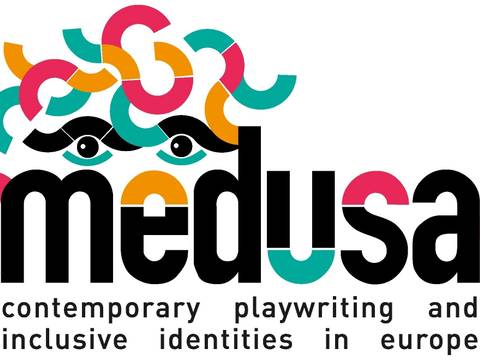  – Logo mit buntem Schlangenmotiv und dem Text "medusa contemporary playwriting and inclusive identities in europe".