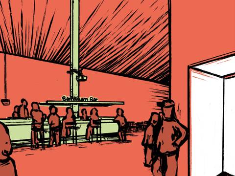  – In einer Zeichnung in den Farben orange und grün sitzen und stehen Besucher*innen an der Bornemann Bar und unterhalten sich