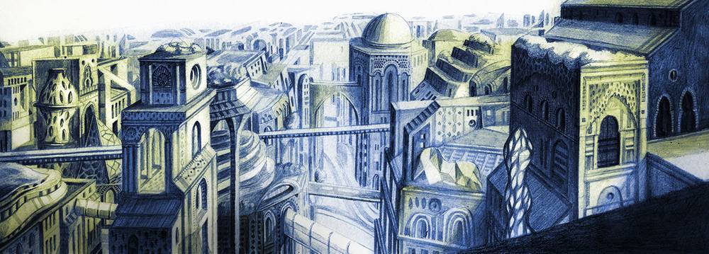 Salon: ÜberMorgenLand – Futuristische Stadtszene mit komplizierten Gebäuden und Brücken in Blau- und Grüntönen, Kuppeln und architektonischen Details sichtbar.