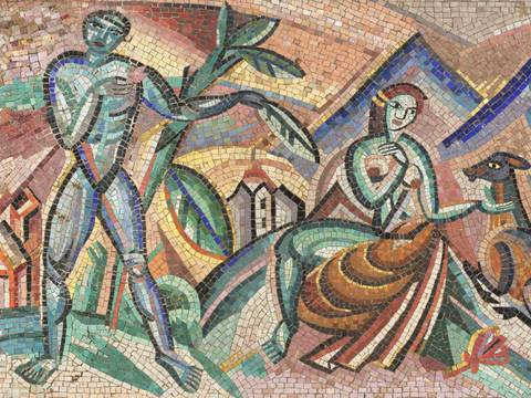 Cesar Klein / Vereinigte Werkstätten für Mosaik und Glasmalerei Puhl & Wagner, Gottfried Heinersdorff Akte in einer Landschaft, 1914 Glasmosaik auf Holz, in Stahlrahmen 81 x 134 cm Sammlung Esche