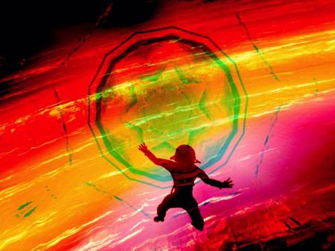 Still aus dem Fulldome-Programm Imagine Dragons: Dimensional Voyager – Silhouette einer Person vor leuchtendem, psychedelischem Tunnel mit intensiven Farben.