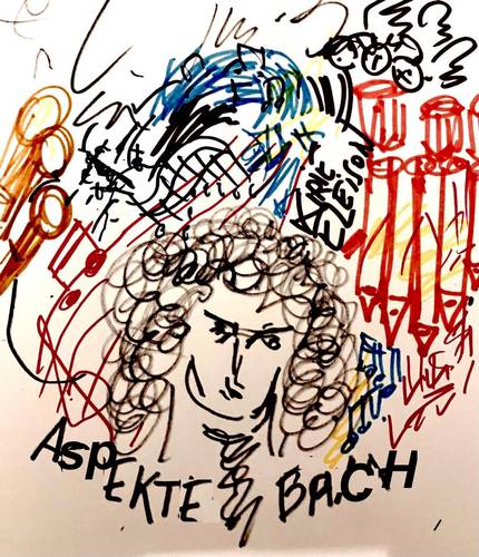 Portraet mit Locken, Grafiken aus Noten, Pfeifen und Instrumententeilen. Text: "Kyrie Eleison" und "Aspekte Bach". Bunte, schwungvolle Linien.