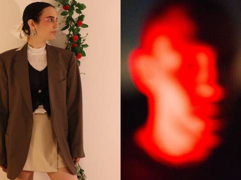 Sayoor und MENÜSCH – links ein Bild der Künstlerin Ela Sdayoor, rechts eine abstrakte Darstellung: eine rot glühende Fläche.