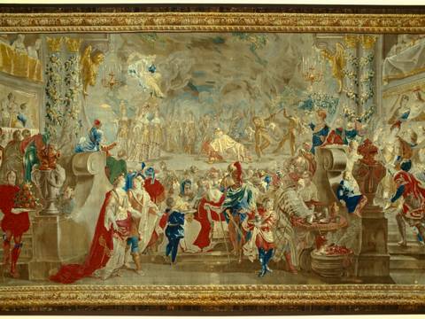 Tapisserie „Theatervorstellung mit Dolchtanz“, Brüssel um 1700. Geschenk Ludwig XIV. an Friedrich I. – Tapisserie „Theatervorstellung mit Dolchtanz“, Brüssel um 1700. Geschenk Ludwig XIV. an Friedrich I.