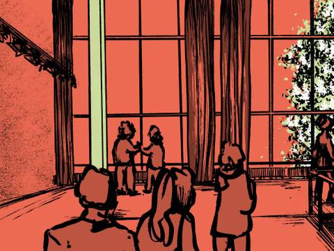  – In einer Zeichnung in den Farben orange und grün halten sich Besucher*innen im Oberen Foyer des Haus der Berliner Festspiele auf