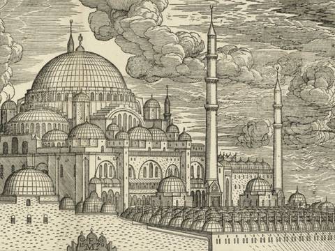 Melchior Lorck, Süleymaniye Moschee von Nordost gesehen, Detail, um 1570, Holzschnitt auf Papier Staatliche Museen zu Berlin, Kupferstichkabinett / Dietmar Katz