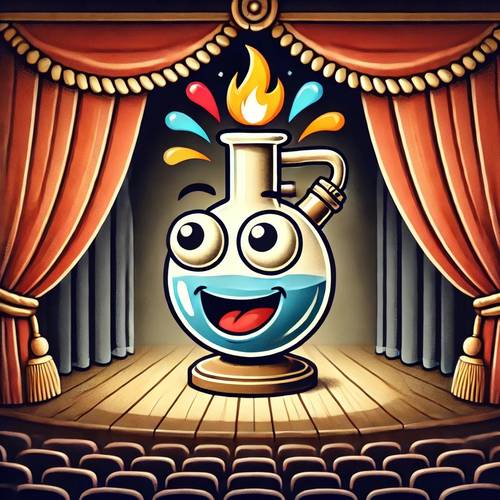 Ein gezeichneter Bunsenbrenner mit fröhlichem Gesicht befindet sich auf einer Bühne. Links und rechts ein schwerer Theatervorhang.