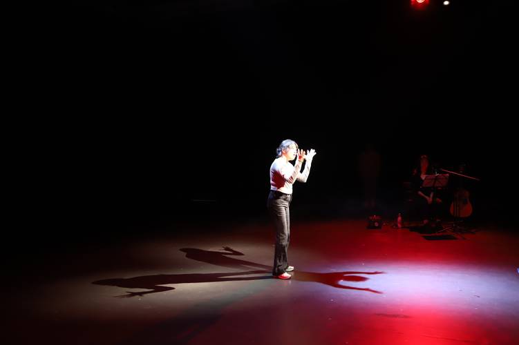 A person signing on stage in a red and white beams of lights which creater 2 shadows behind the person on the floor and one shadow in front of them.