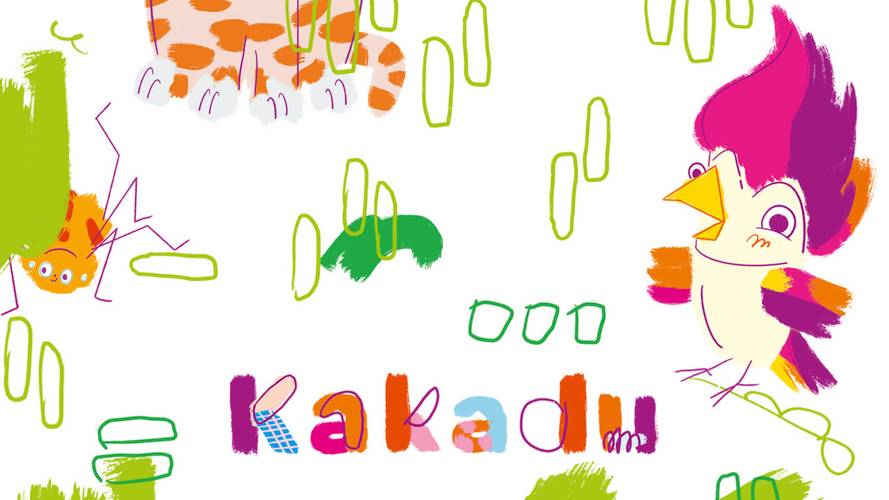 Logo der Sendung Kakadu bei Deutschlandfunk Kultur – Bunte Zeichnung: Lila-pinker Vogel mit großem Kamm, orange-braune Streifen, Spinne, Zebrastreifen, Text "Kakadu" in bunten Buchstaben.