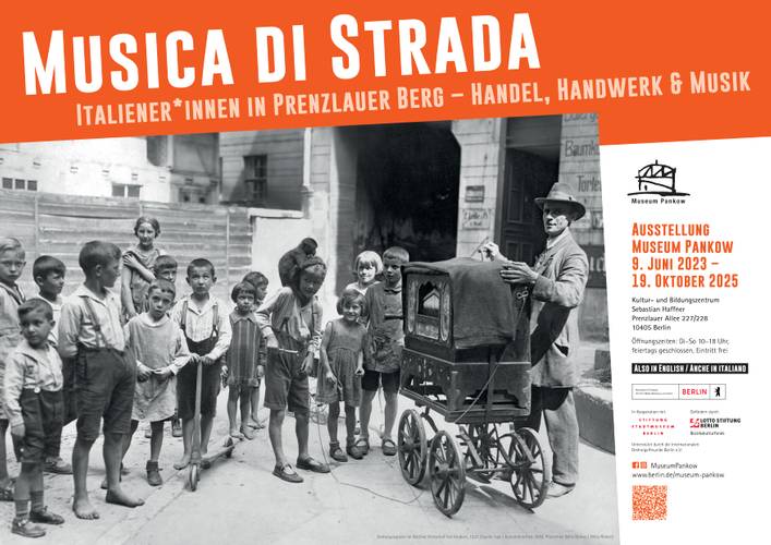 Ausstellungsplakat Musica di Strada – Musica di strada - Italiener*innen in Prenzlauer Berg - Handel, Handwerk & Musik
