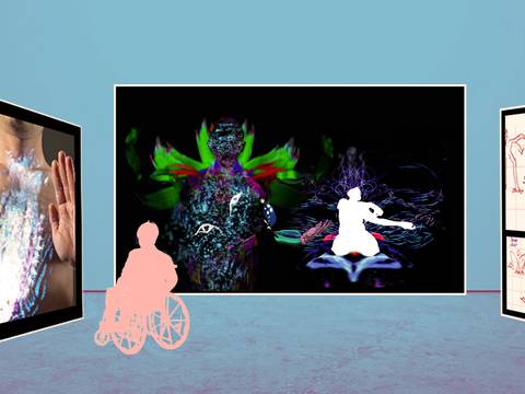 Somatic Shrines for Crip Times – Person im Rollstuhl betrachtet mittleres Bild einer bunten Lichtgestalt. Weitere Person steht vor rechter Wand mit roten Zeichnungen auf weißem Hintergrund.