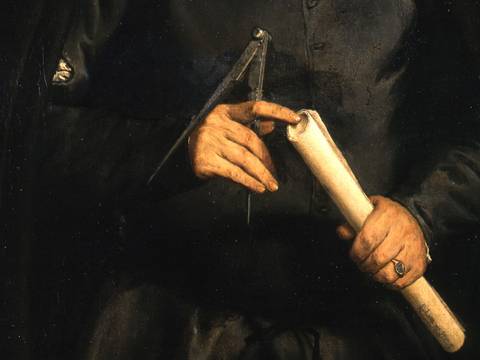 Lorenzo Lotto, Bildnis eines Mannes mit Zirkel und Papierrolle (Detail), um 1535