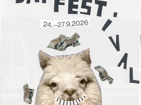  – Tier mit Lamakopf und gemaltem Gebiss. Text: BAT FESTIVAL 24.-27.9.2026 bat-Studiotheater Belforter Str. 15 10405 Berlin. Hochscule für Schauspielkunst Ernst