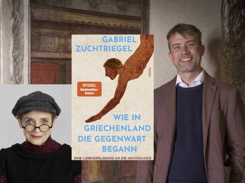 Gabriel Zuchtriegel und Katharina Thalbach präsentieren: Wie in Griechenland die Gegenwart begann. Eine Liebeserklärung an die Archäologie – Buchcover "Gabriel Zuchtriegel: Wie in Griechenland die Gegenwart begann", daneben zwei lächelnde Personen, eine trägt Brille und Mütze.