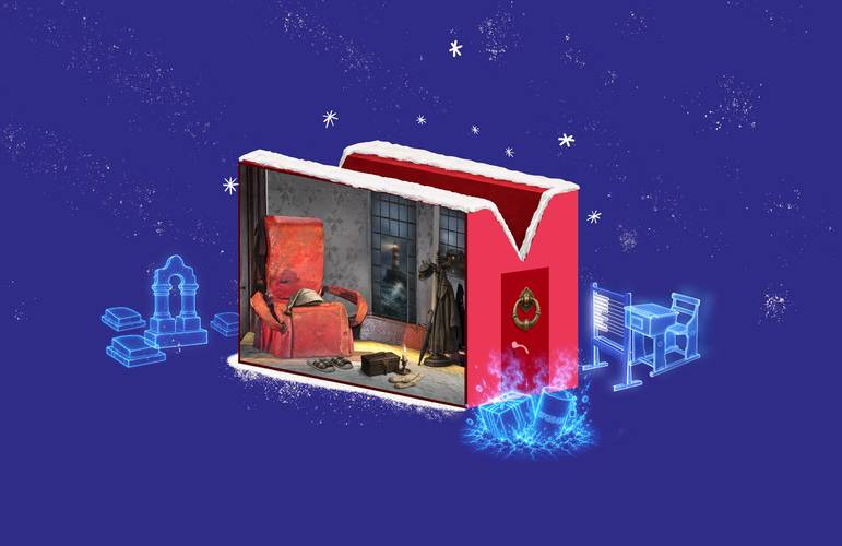 Der Weihnachtsabend – Roter Sessel mit Hut und Schal, neben Kamin und Großerkanne in einem aufgeschlagenen Buch, umgeben von blauen Gebäudesilhouetten auf blauem Grund.
