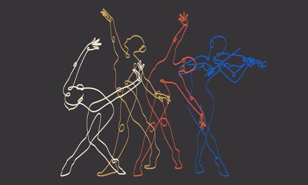 Ramal Ensemble – Drei bunte Figuren in Tanzposen, eine vierte Figur spielt Geige. Linienzeichnung auf dunklem Hintergrund.