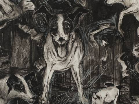 Heart of a Dog – Kohlezeichnung mit mehreren Hunden in dynamischen Posen, zentral ein großer Hund mit aufmerksamem Blick, umgeben von skizzenhaften Bewegungen und Schatten.