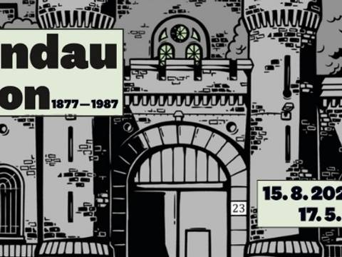 Spandau Prison. 1877 – 1987 – Comiczeichnung vom Spandauer Prison mit dem Schriftzug "Spandau Prison" und den Jahreszahlen 1877 - 1987